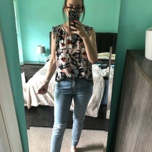 Sunny Girl Floral Sleeveless Blouse Top Women Size M Workwear Chic Resortwear